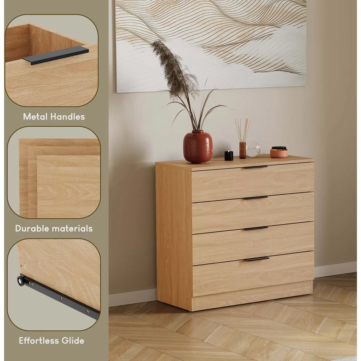 4 Drawer Chest of Drawers Compact Space-Saving Bedroom Storage - Pine – image 6