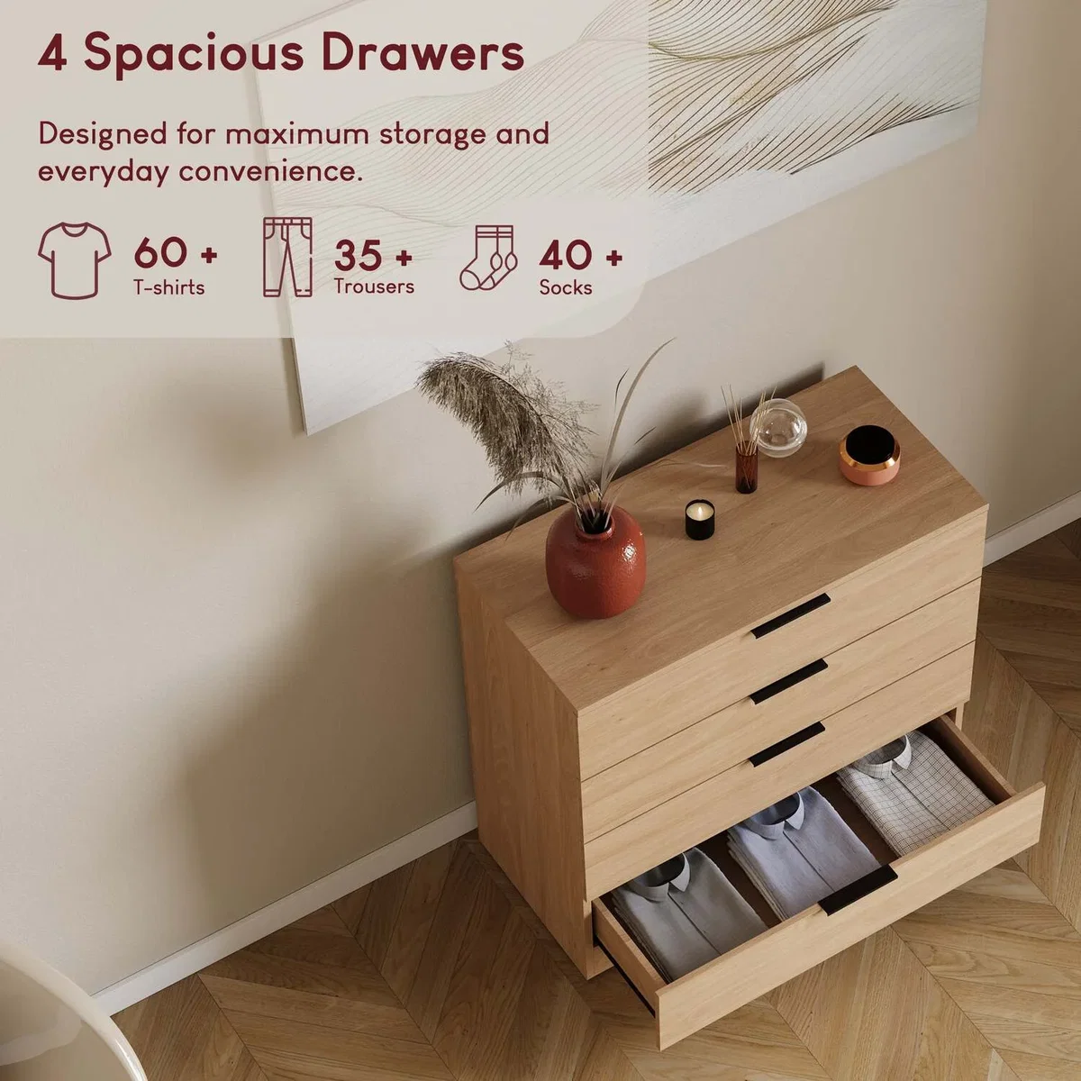 4 Drawer Chest of Drawers Compact Space-Saving Bedroom Storage - Pine – image 7