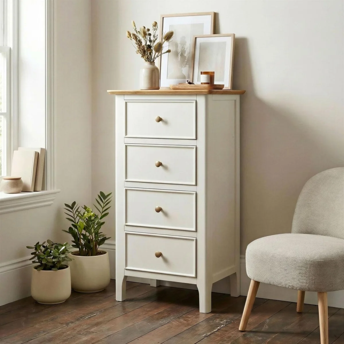 Belle 4 Drawer Tall Solid Oak Small Chest of Drawers - Oak & Cream – image 1