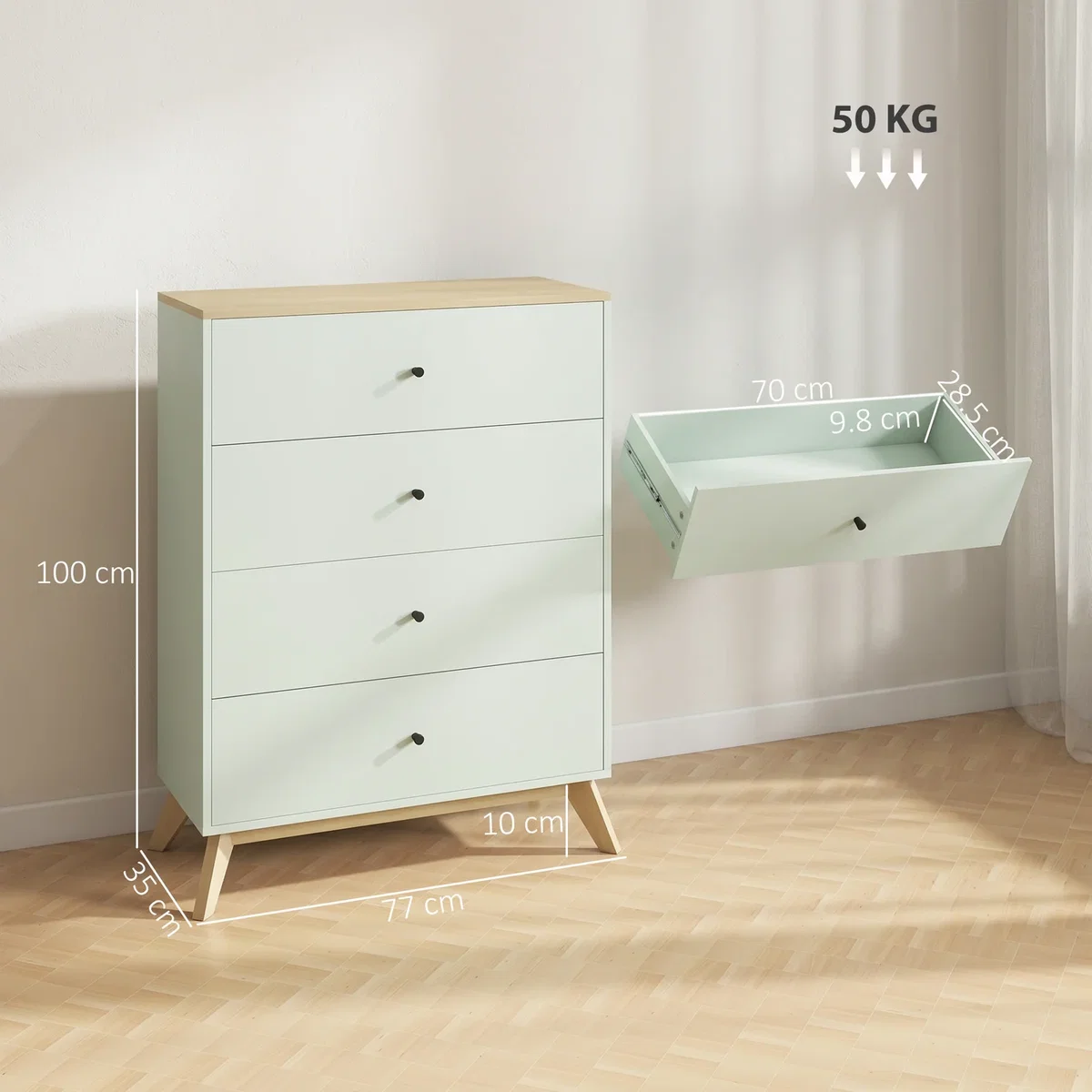 HOMCOM Chest of Drawers 4 Drawer Storage Cabinet - Light Green and Oak – image 3