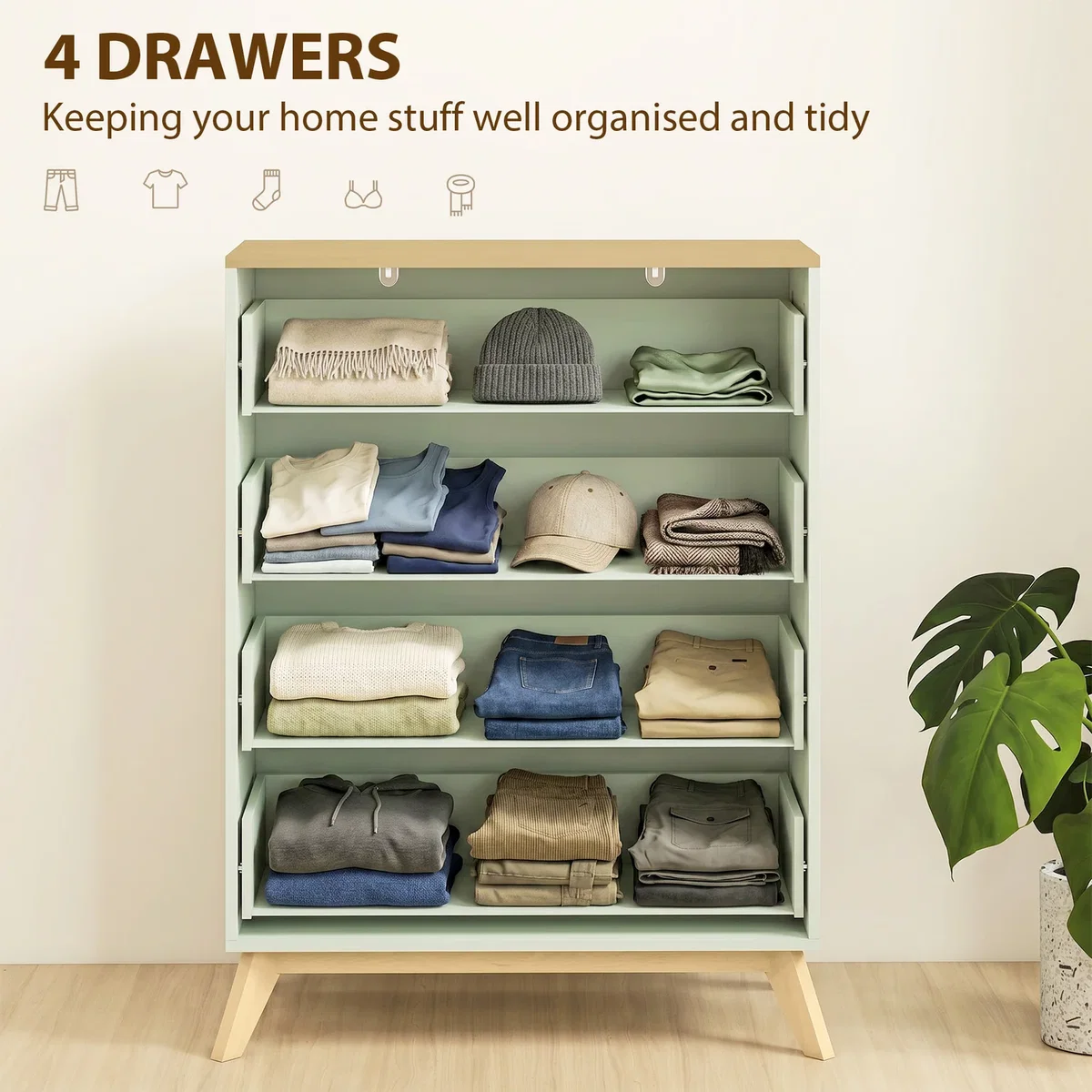 HOMCOM Chest of Drawers 4 Drawer Storage Cabinet - Light Green and Oak – image 4