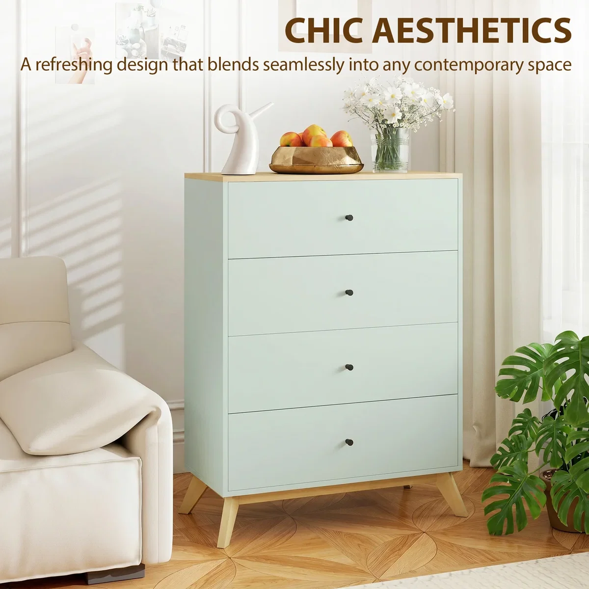 HOMCOM Chest of Drawers 4 Drawer Storage Cabinet - Light Green and Oak – image 5