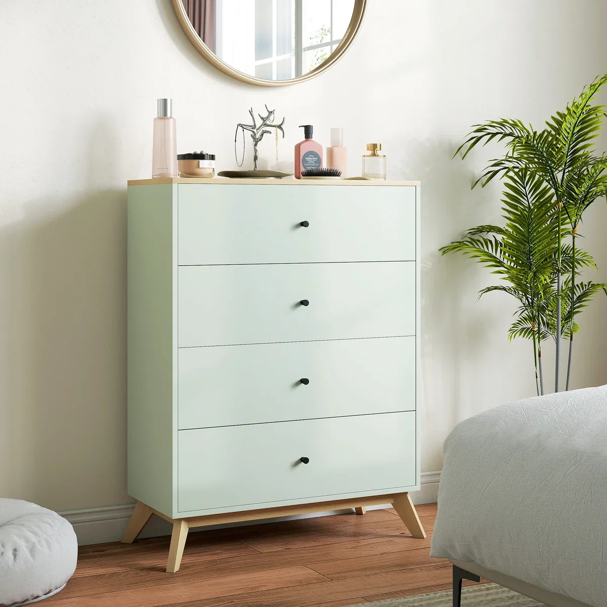 HOMCOM Chest of Drawers 4 Drawer Storage Cabinet - Light Green and Oak – image 8
