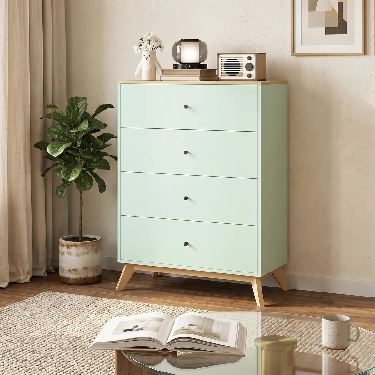 HOMCOM Chest of Drawers 4 Drawer Storage Cabinet - Light Green and Oak – image 9