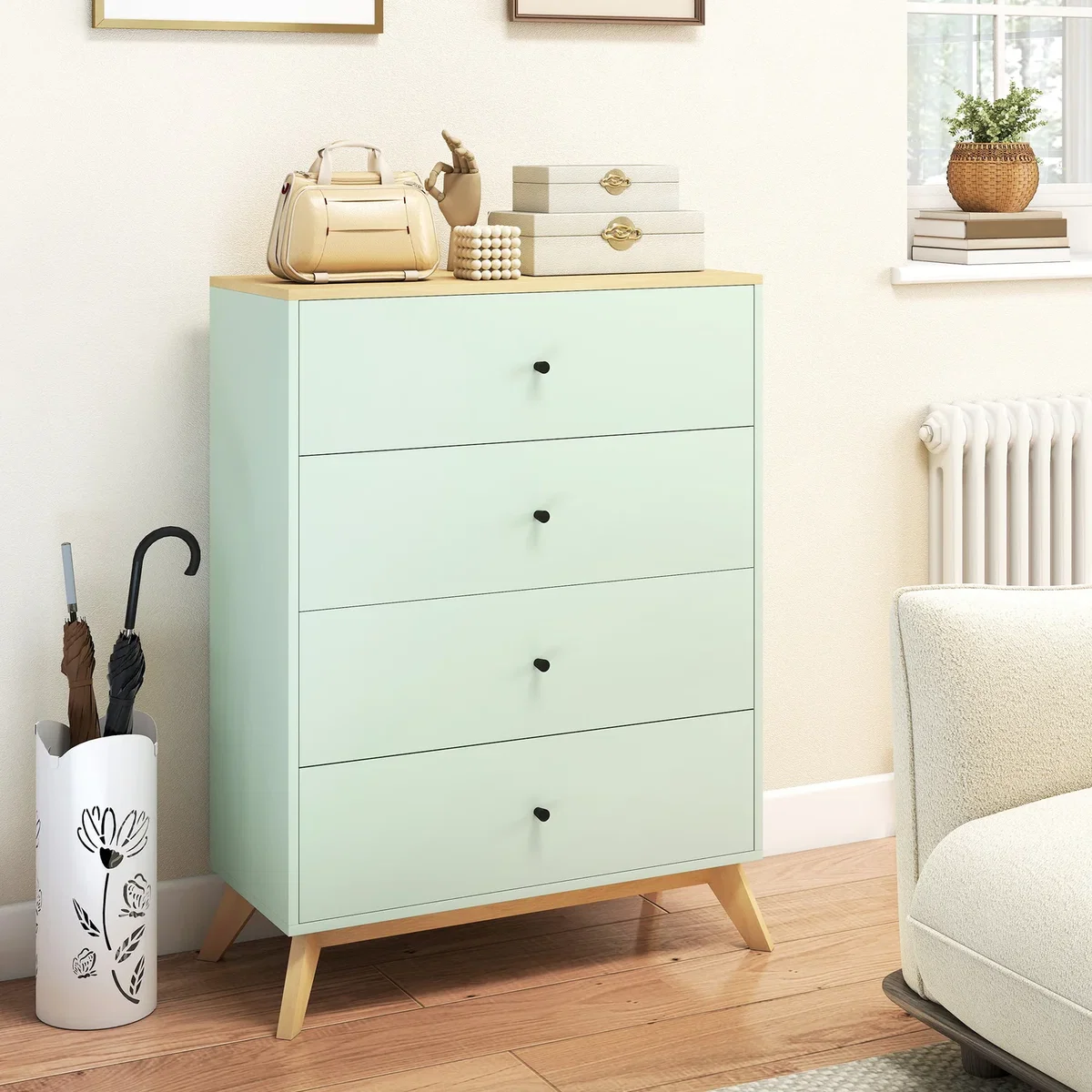 HOMCOM Chest of Drawers 4 Drawer Storage Cabinet - Light Green and Oak – image 1