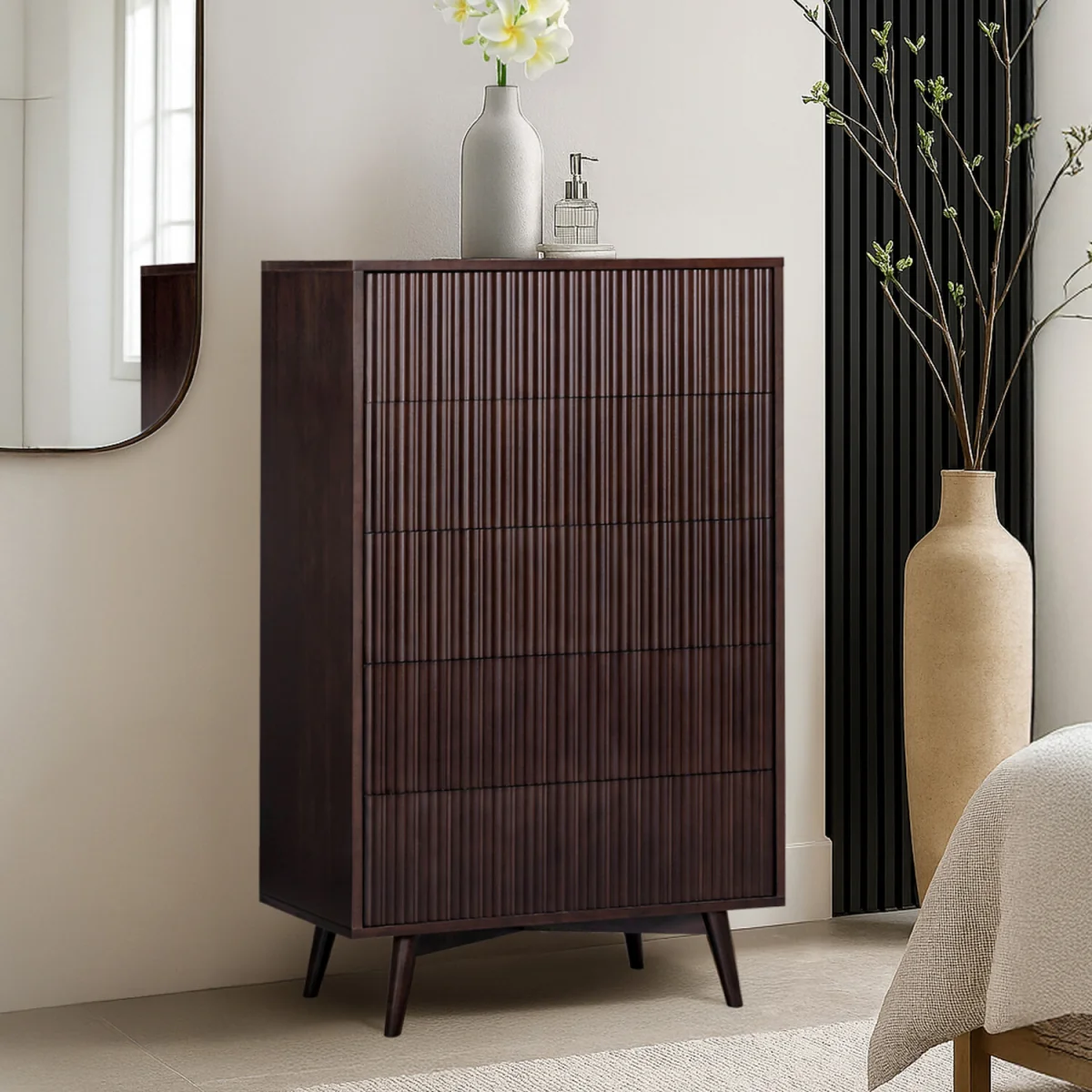 Tremolo 5-Drawer Chest of Drawers with Fluted Fronts, Dark Brown - Black – image 3