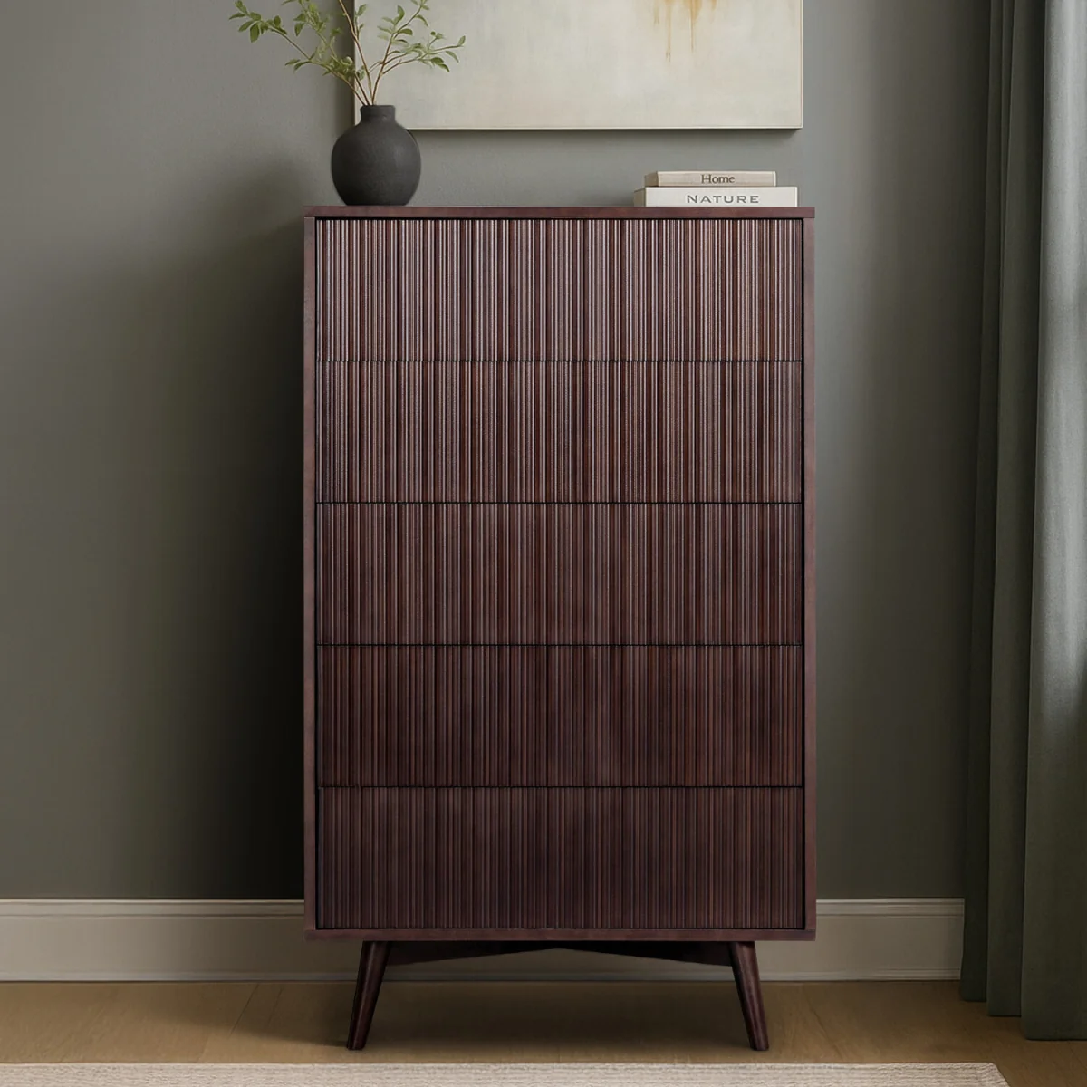 Tremolo 5-Drawer Chest of Drawers with Fluted Fronts, Dark Brown - Black – image 6