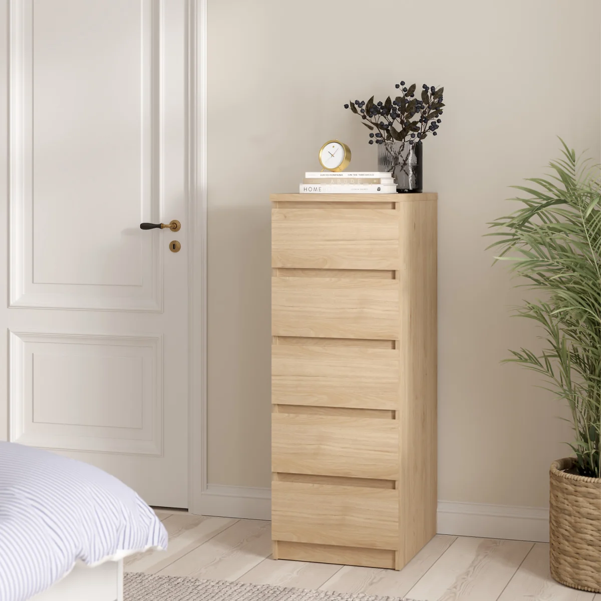 Naia Narrow Chest of 5 Drawers in White High Gloss - Grey and White High Gloss – image 13