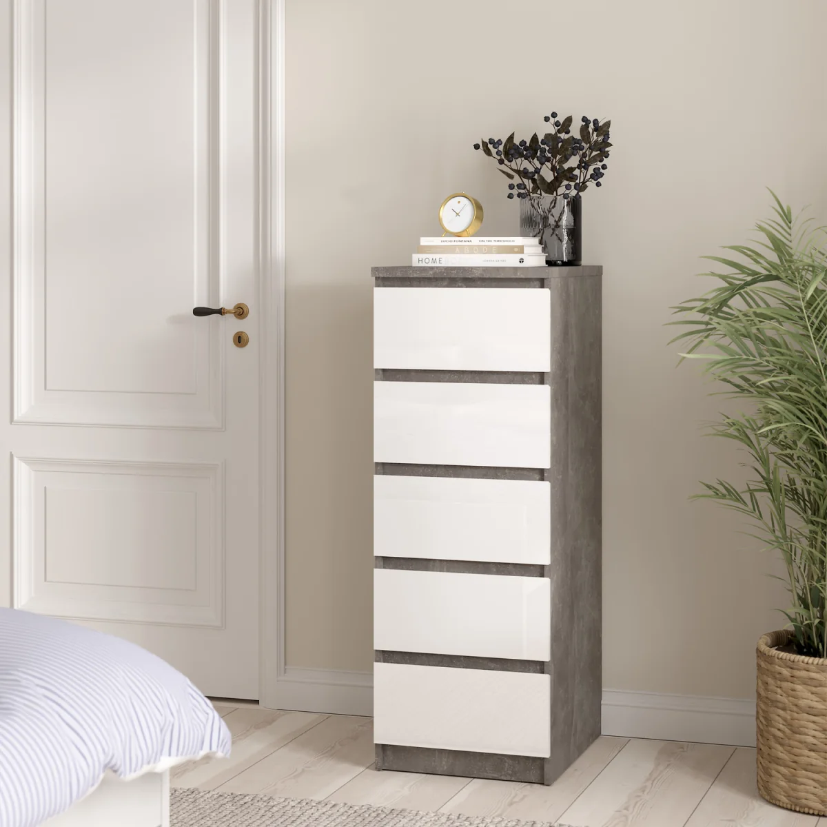 Naia Narrow Chest of 5 Drawers in White High Gloss - Grey and White High Gloss – image 20
