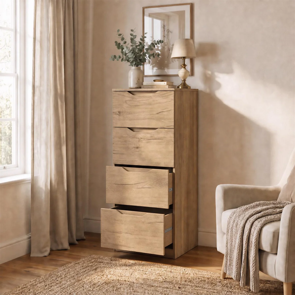 FWStyle Luno Oak 4 Drawer Chest of Drawers Modern Bedroom Storage - Oak – image 3