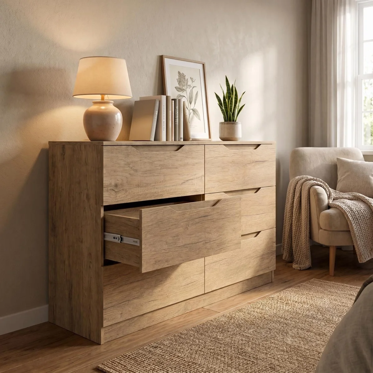 FWStyle Luno Oak 6 Drawer Chest of Drawers Spacious Oak Effect - Oak – image 2