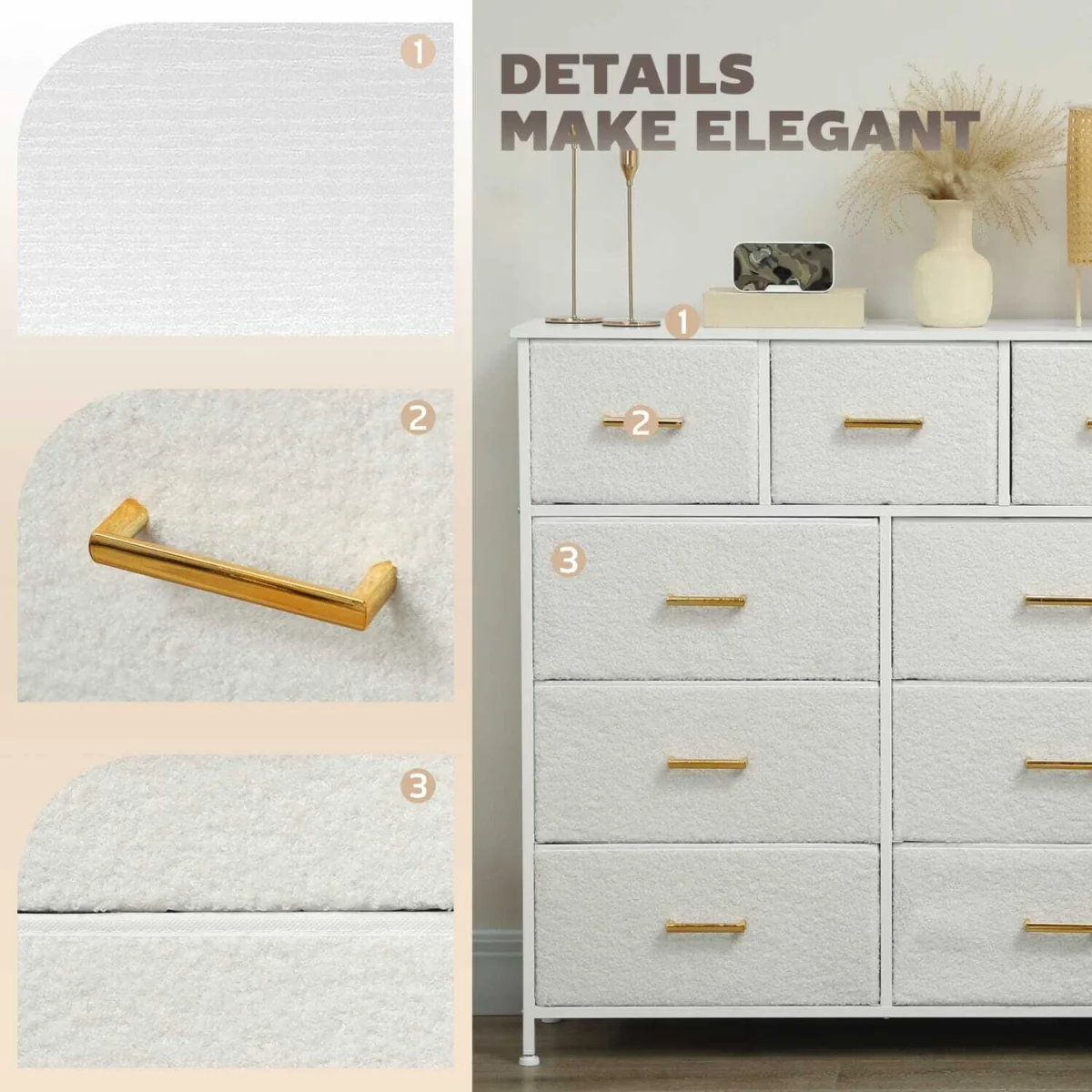 Tafi Metal and Fabric 9-Drawer Boucle Storage Chest Cream White – image 5