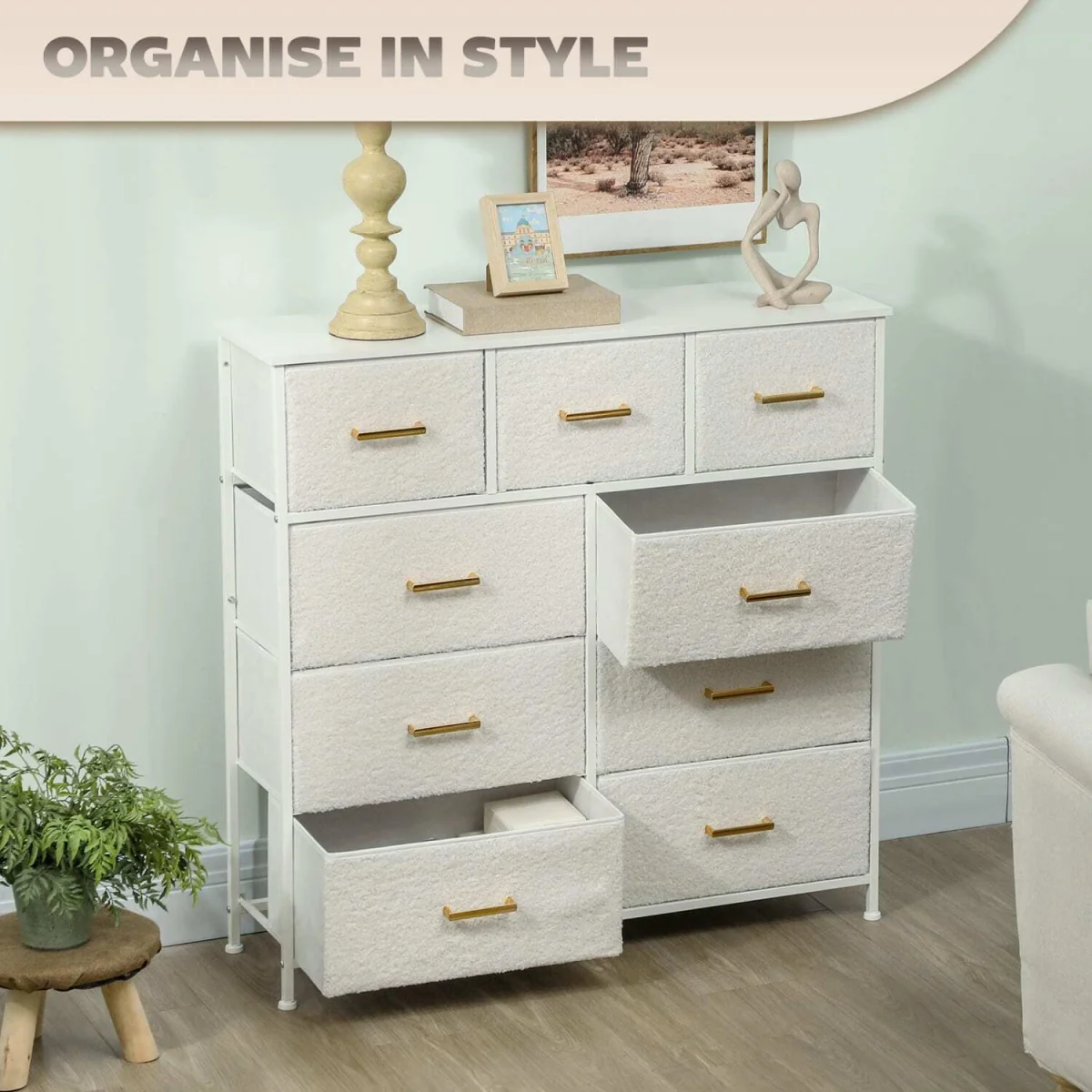 Tafi Metal and Fabric 9-Drawer Boucle Storage Chest Cream White – image 6
