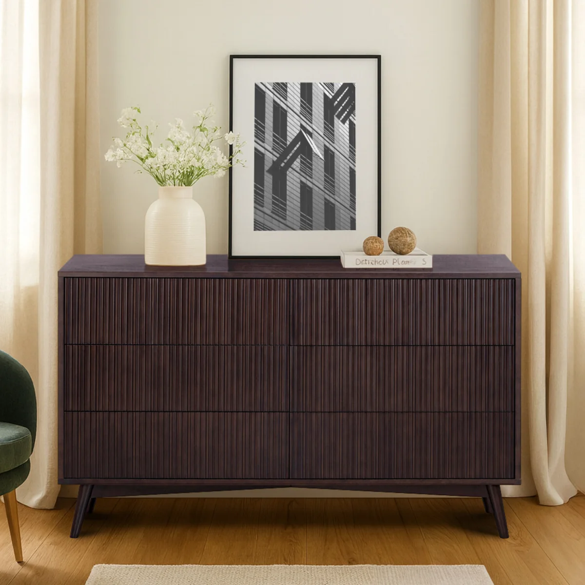 Tremolo Wide 6-Drawer Chest with Fluted Fronts, Black - Black – image 5