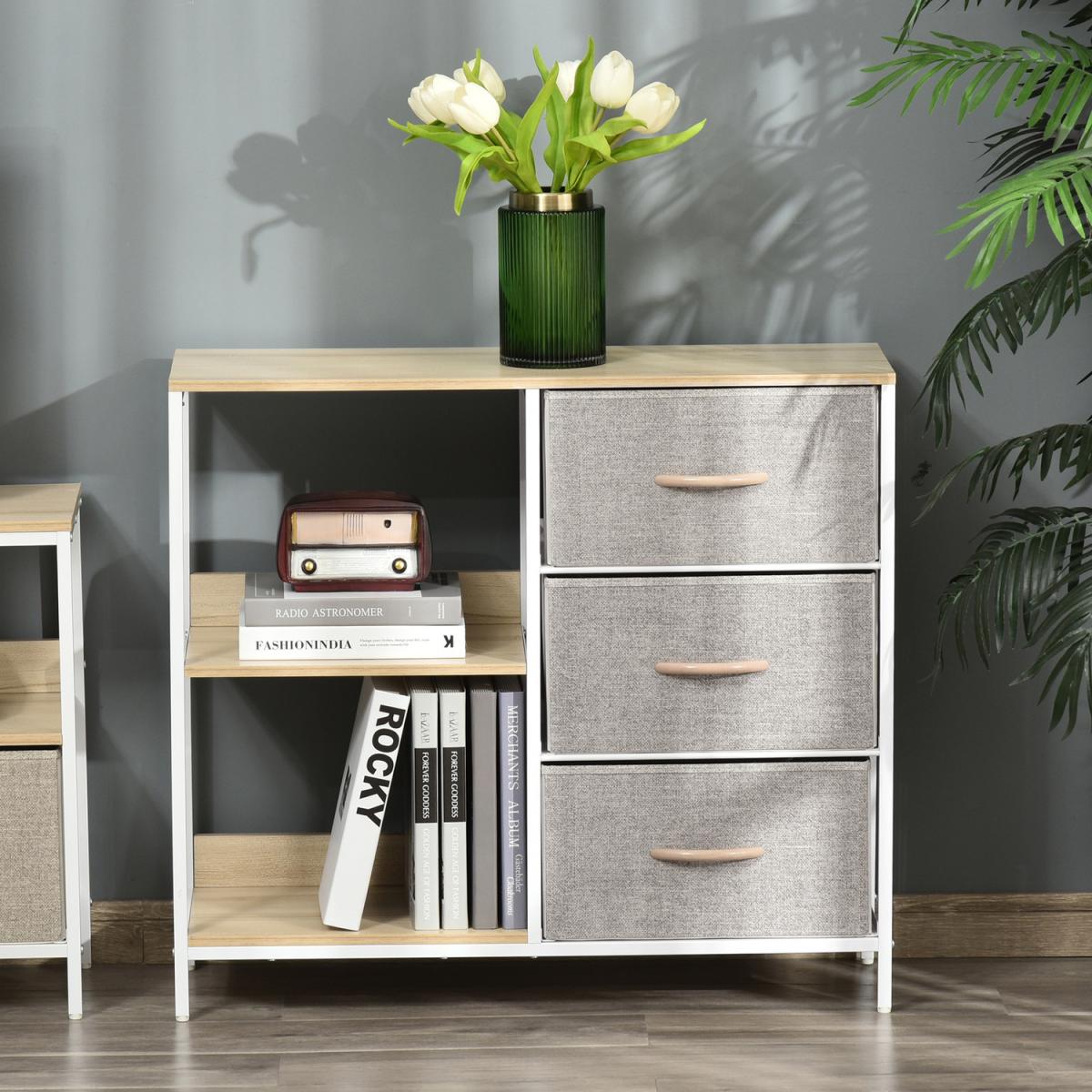 Storage Cabinet 3 Drawer Chest Dresser Tower with 2 Shelves - White, beige and brown – image 8