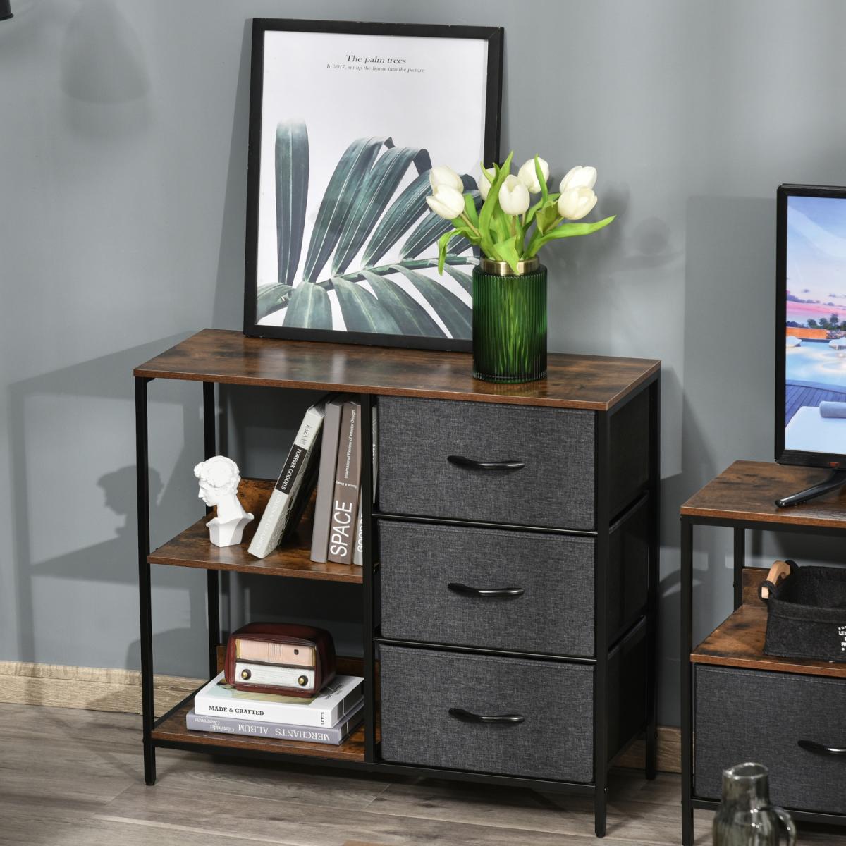 Storage Cabinet 3 Drawer Chest Dresser Tower with 2 Shelves - White, beige and brown – image 9