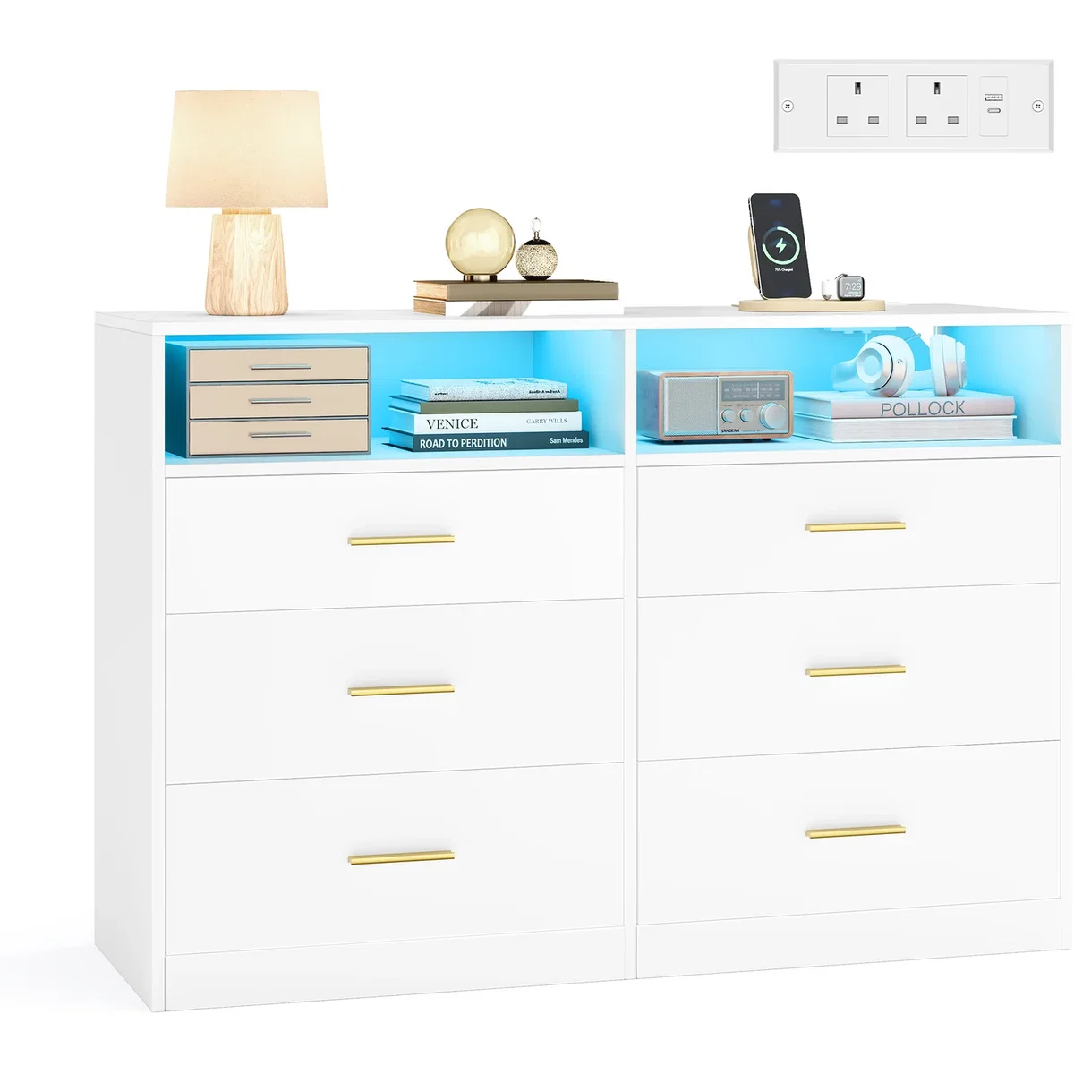 VASAGLE Modern Chest of Drawers with LED Lights, 6 Drawers - White – image 2