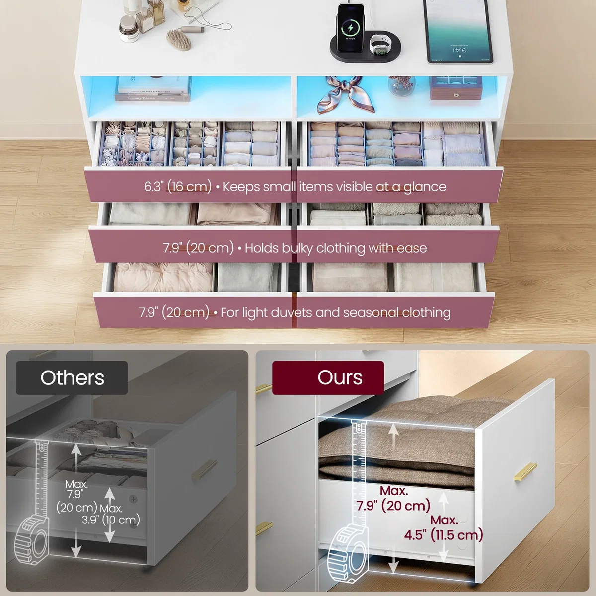 VASAGLE Modern Chest of Drawers with LED Lights, 6 Drawers - White – image 3