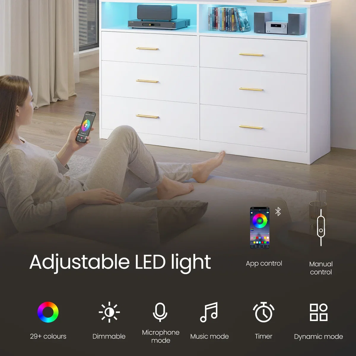 VASAGLE Modern Chest of Drawers with LED Lights, 6 Drawers - White – image 4