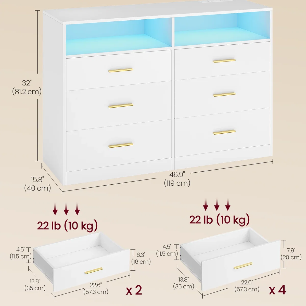 VASAGLE Modern Chest of Drawers with LED Lights, 6 Drawers - White – image 6