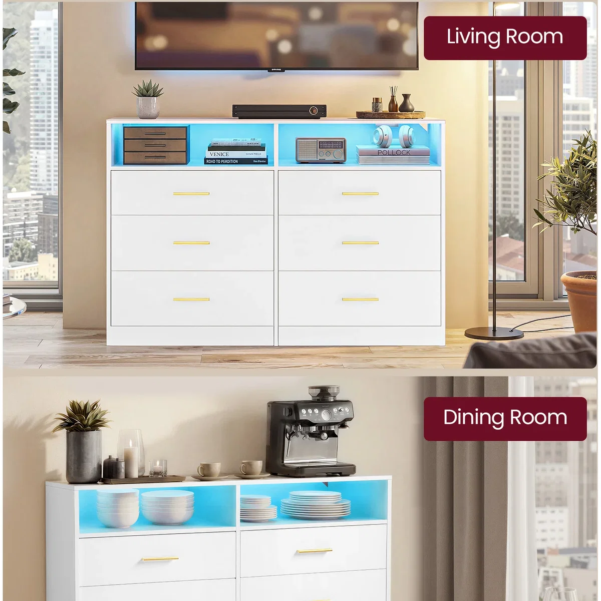 VASAGLE Modern Chest of Drawers with LED Lights, 6 Drawers - White – image 7