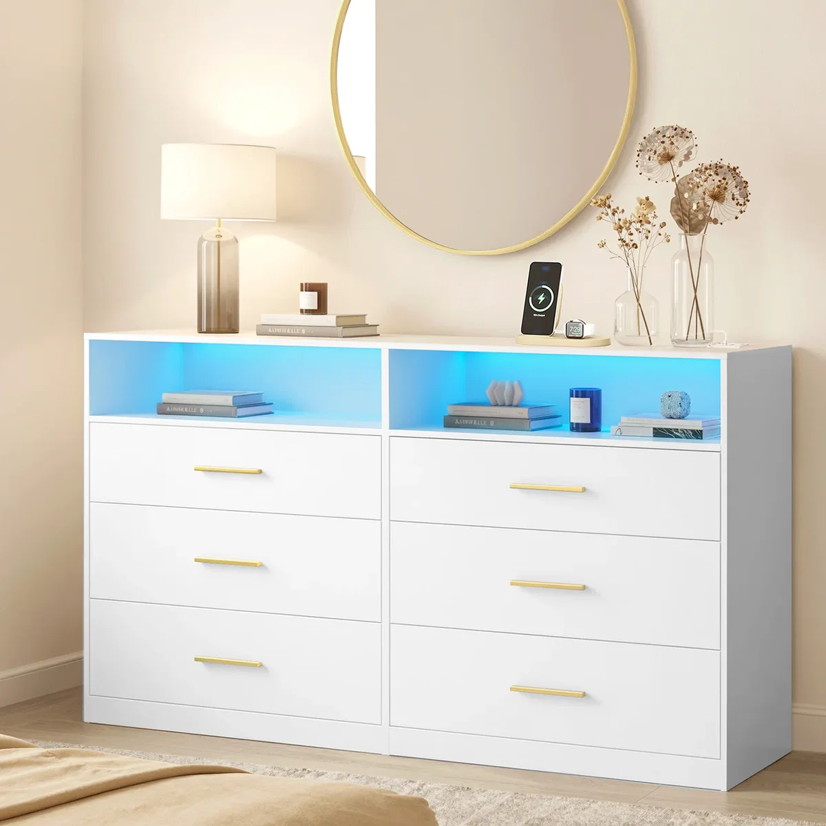 VASAGLE Modern Chest of Drawers with LED Lights, 6 Drawers - White – image 1