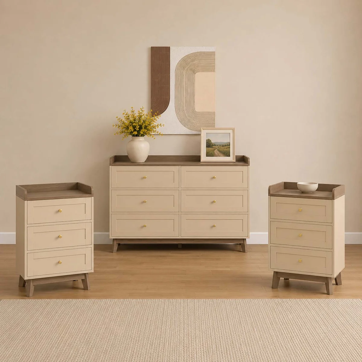 Large Cream & Wood 6 Drawer Chest Of Drawers & Pair Of 3 Drawer Bedside Tables - Oswin Range – image 1