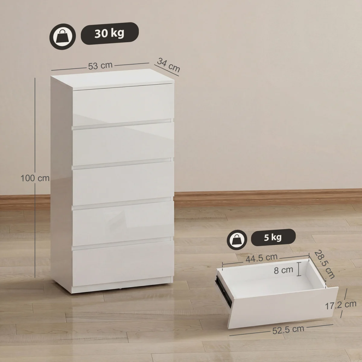 HOMCOM Bedroom Chest of Drawers, 5 Drawers Dresser, Drawer Unit, White - White – image 2