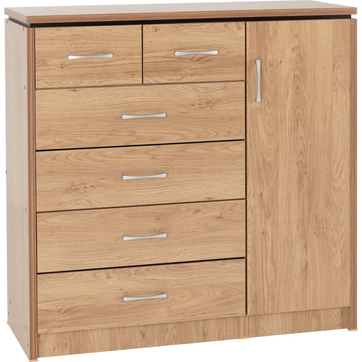 Charles 1 Door 6 Drawer Chest Oak Effect Veneer with Walnut Trim - Oak Effect Veneer – image 2