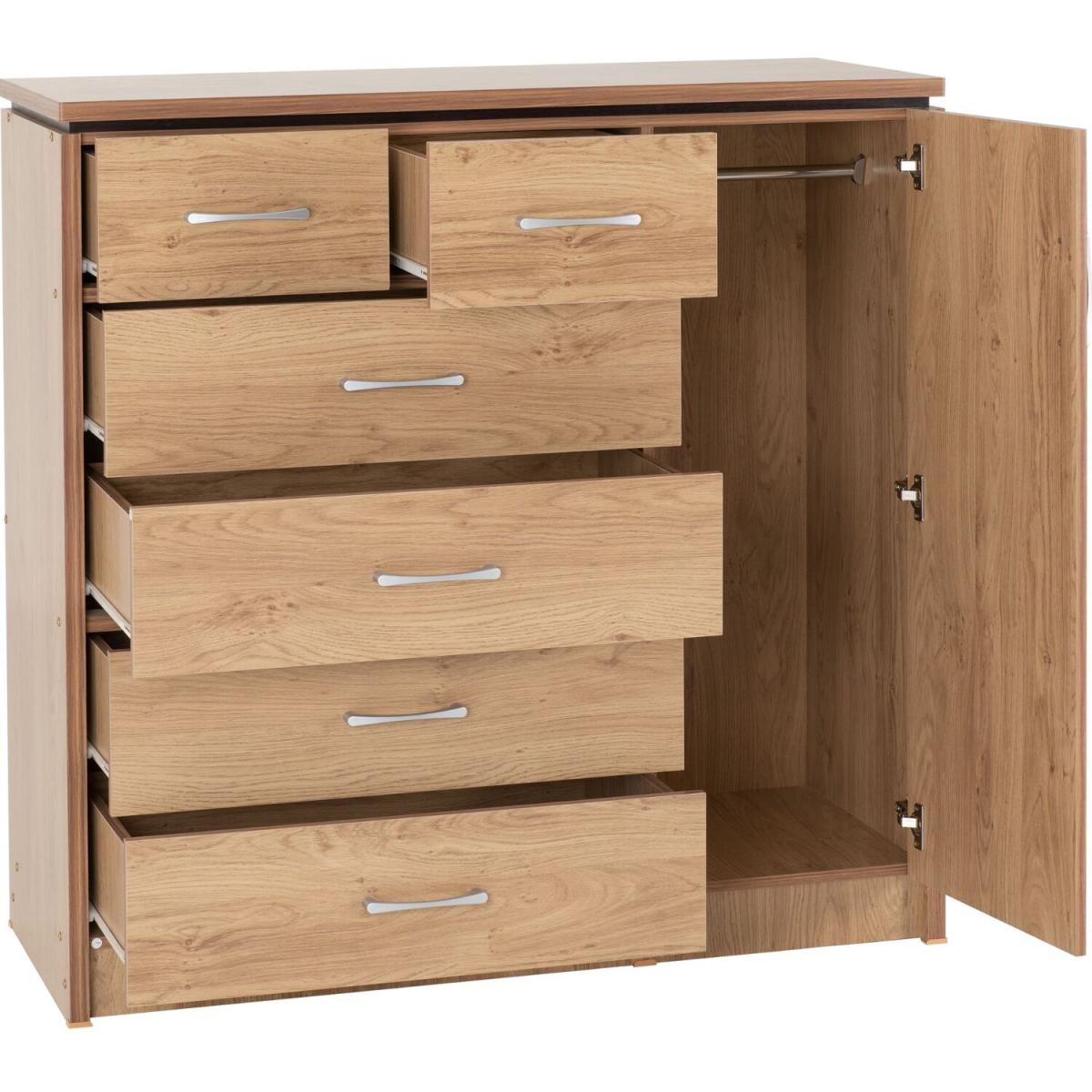 Charles 1 Door 6 Drawer Chest Oak Effect Veneer with Walnut Trim - Oak Effect Veneer – image 3
