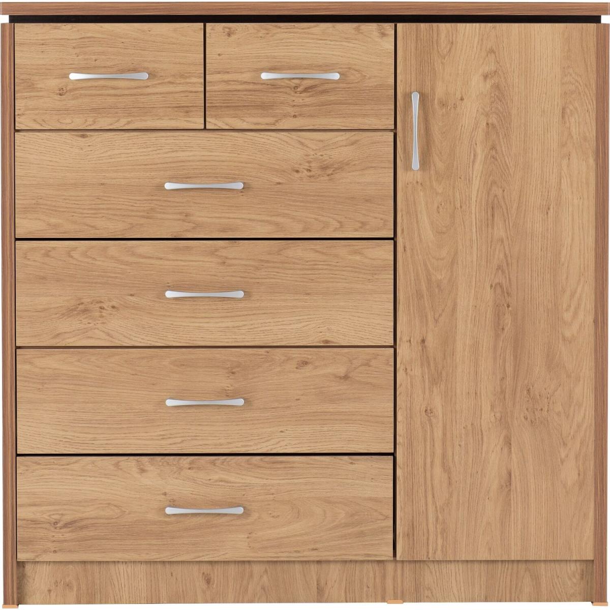 Charles 1 Door 6 Drawer Chest Oak Effect Veneer with Walnut Trim - Oak Effect Veneer – image 4