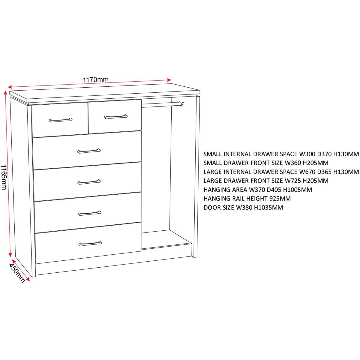Charles 1 Door 6 Drawer Chest Oak Effect Veneer with Walnut Trim - Oak Effect Veneer – image 8