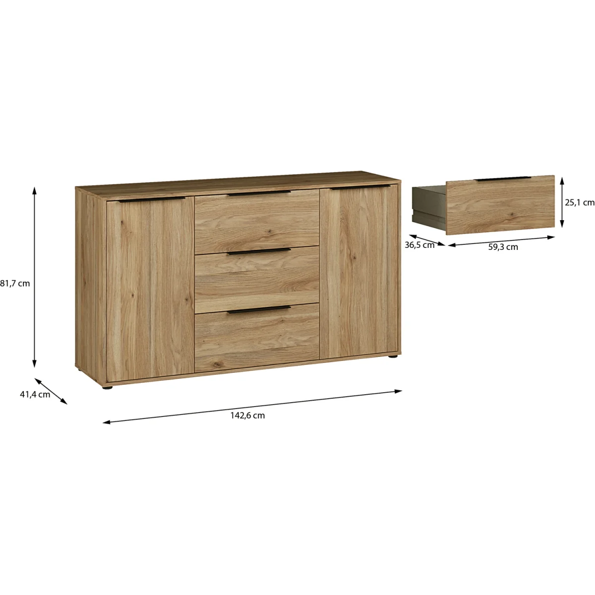 Orkney 3 Drawer Sidebaord with 2 Doors in Mauvella Oak - Mauvella Oak – image 9