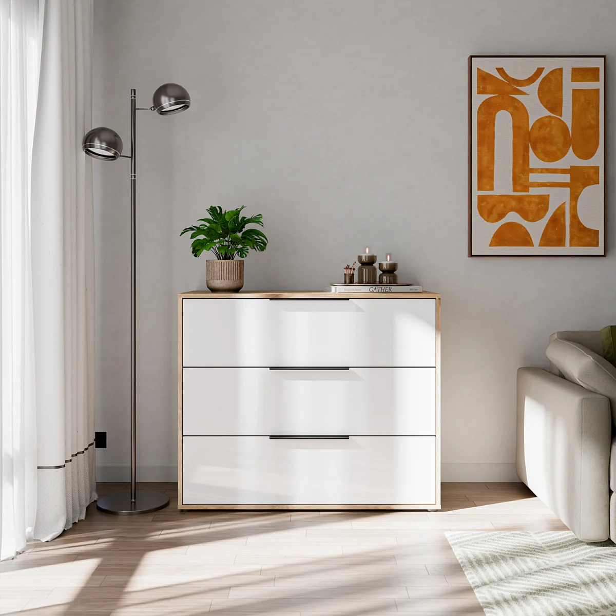 Orkney 3 Drawer Chest in Mauvella Oak and White Gloss - Mauvella Oak & White – image 2