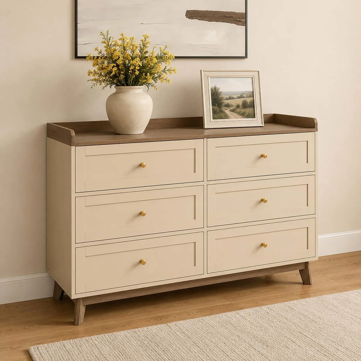 Large Cream & Wood 6 Drawer Chest Of Drawers - Oswin Range – image 1