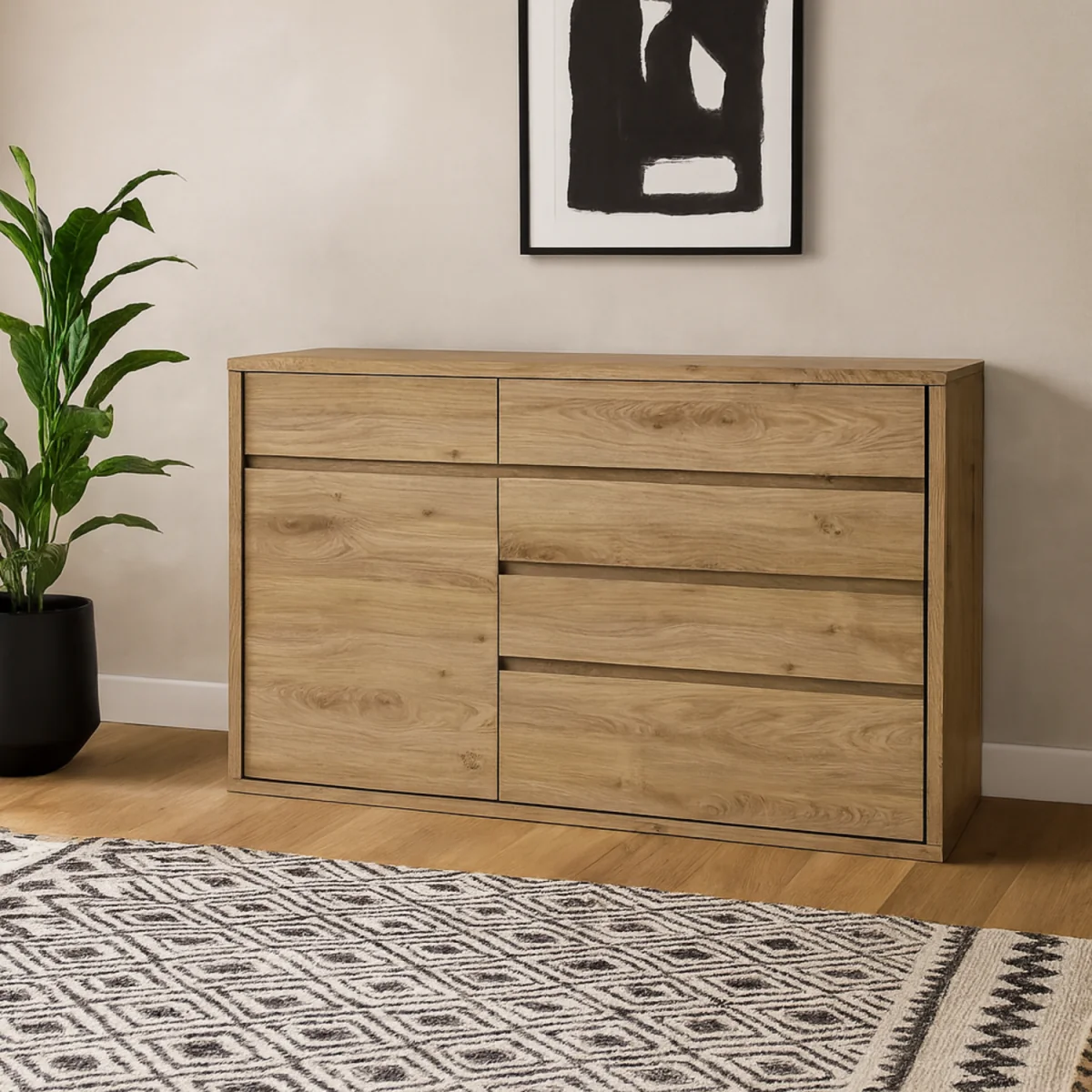 Athens Natural Oak Effect 1 Door 5 Drawer Storage Chest - Natural – image 3