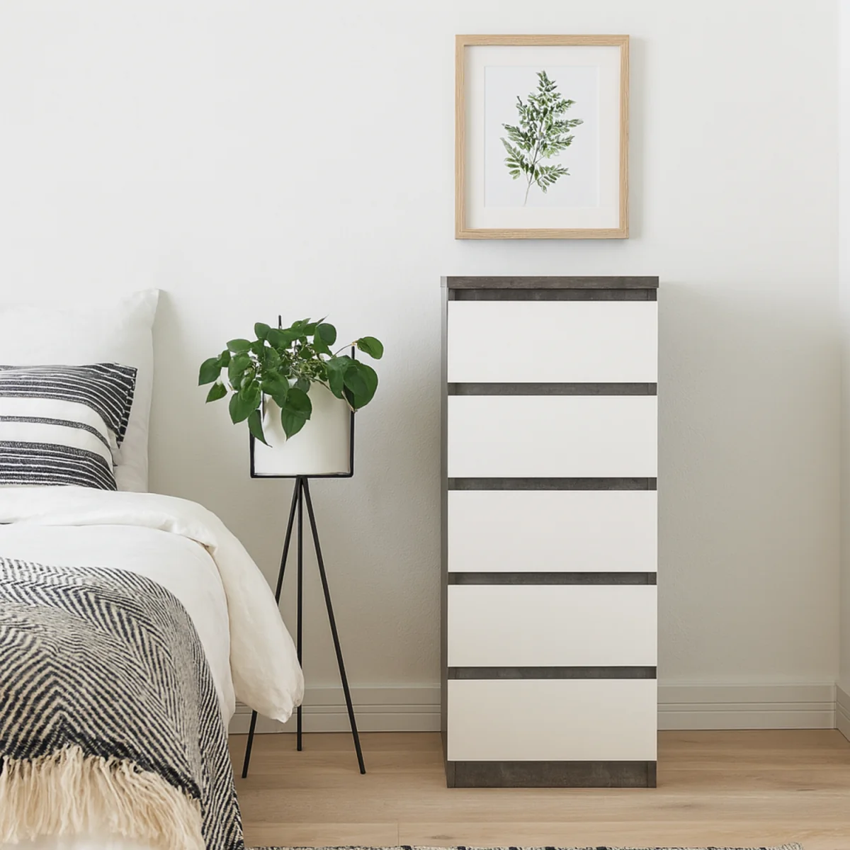 Budapest Narrow 5-Drawer Chest of Drawers, Concrete-Effect & White Gloss - White – image 2