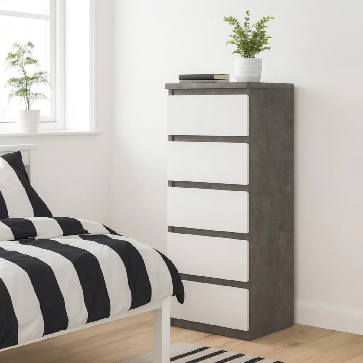 Budapest Narrow 5-Drawer Chest of Drawers, Concrete-Effect & White Gloss - White – image 3