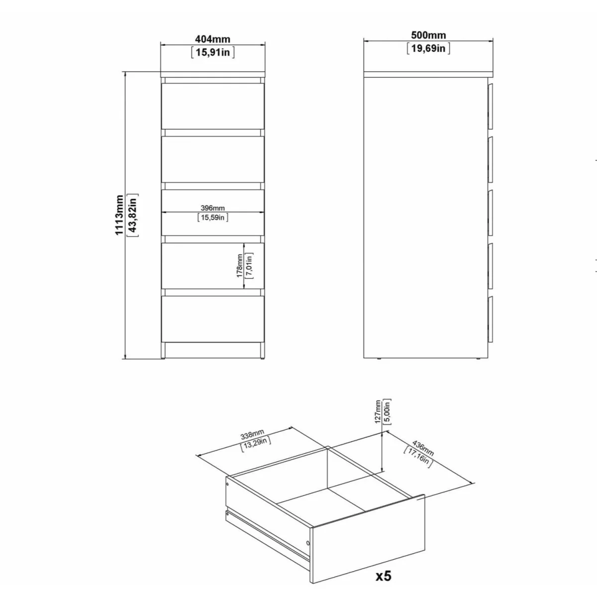 Budapest Narrow 5-Drawer Chest of Drawers, Concrete-Effect & White Gloss - White – image 8