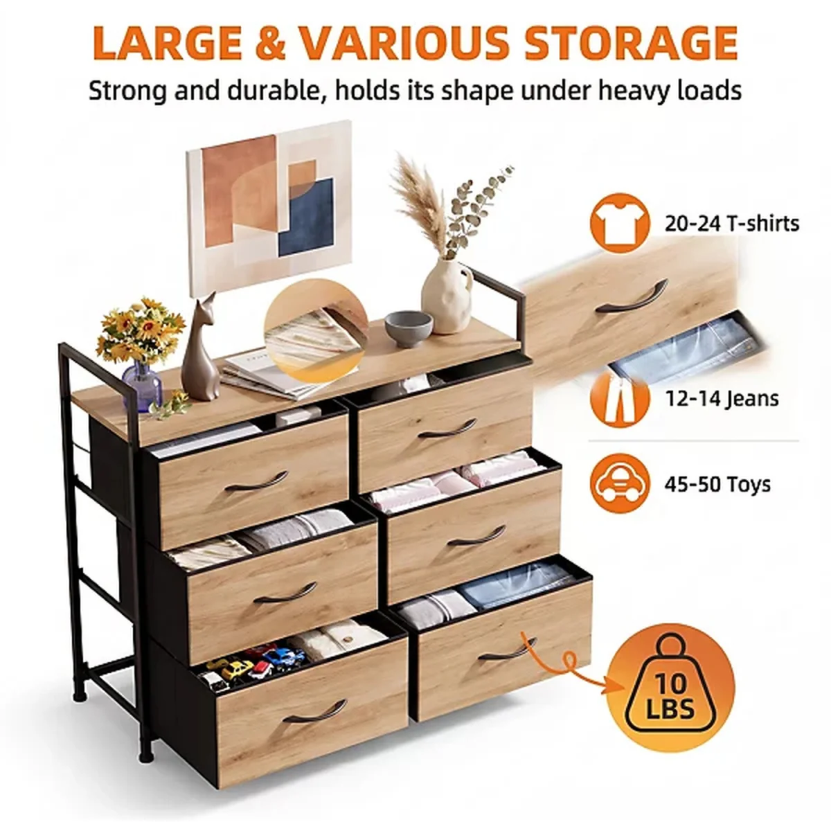 6 Drawer Fabric Dresser with Wood Top - black – image 2