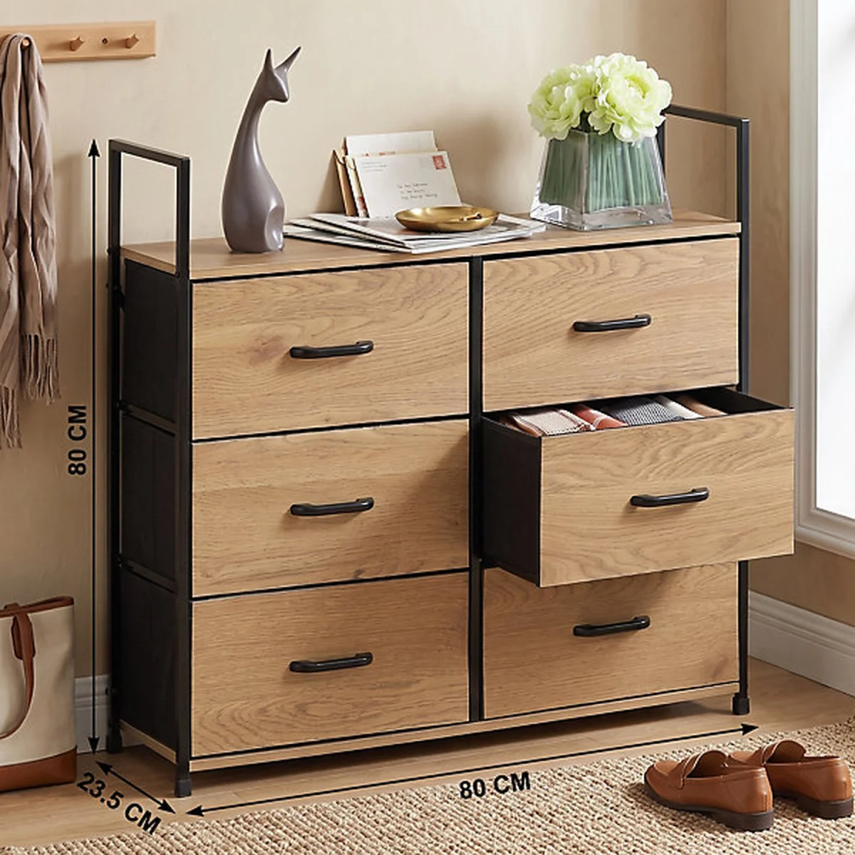 6 Drawer Fabric Dresser with Wood Top - black – image 3