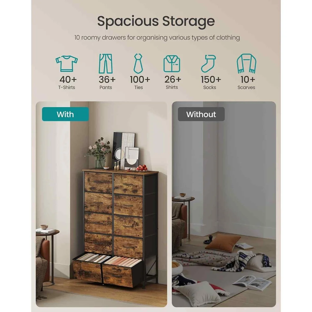 10 Drawer Fabric Chest of Drawers, Brown & Black - Rustic Brown, Ink Black – image 2