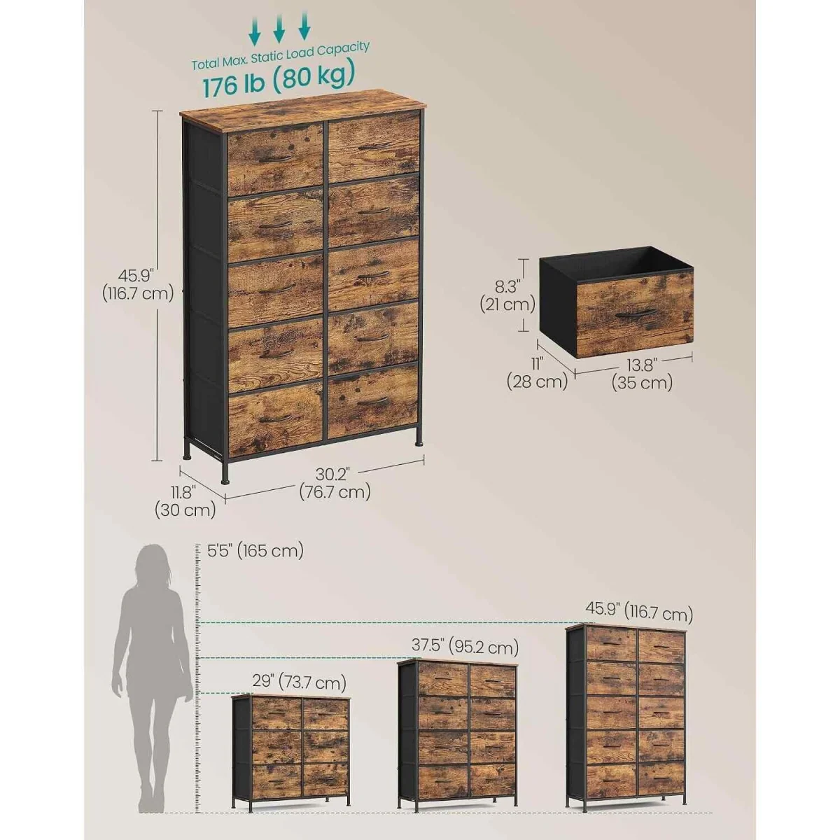 10 Drawer Fabric Chest of Drawers, Brown & Black - Rustic Brown, Ink Black – image 3