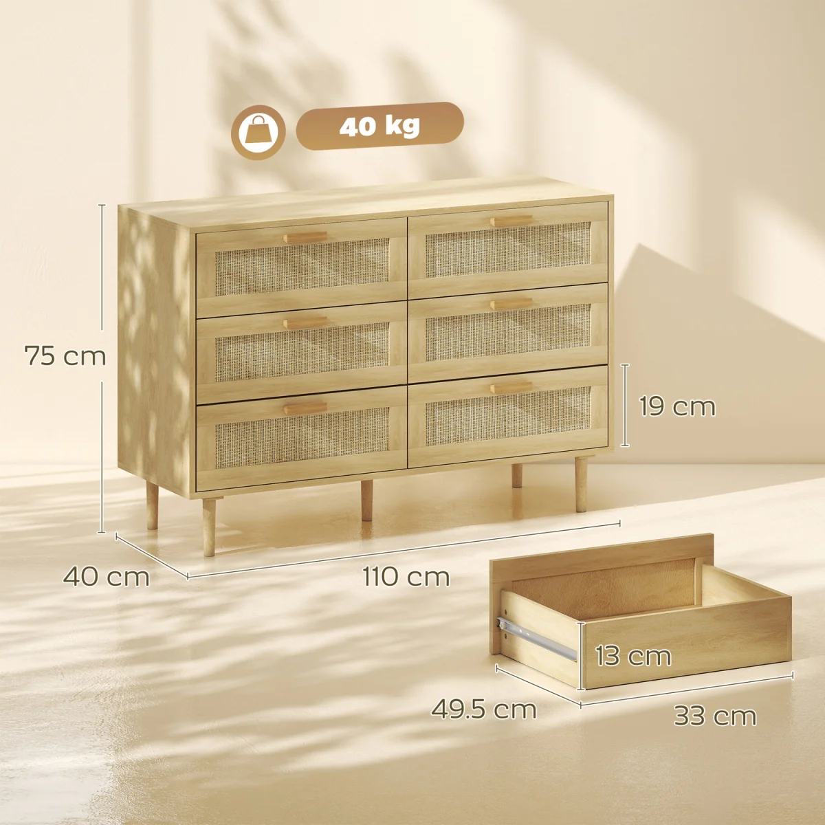 HOMCOM Chest of Drawers, 6-Drawer Dresser for Bedroom - Oak – image 3