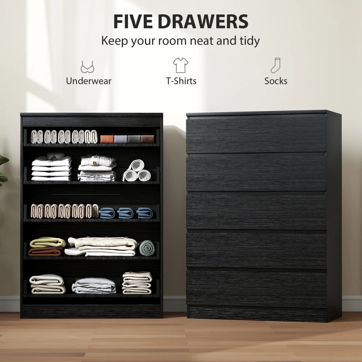 HOMCOM Chest of Drawers with 5 Drawers, Modern Dresser for Bedroom - Black – image 3