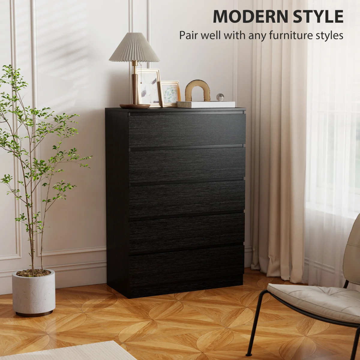 HOMCOM Chest of Drawers with 5 Drawers, Modern Dresser for Bedroom - Black – image 4