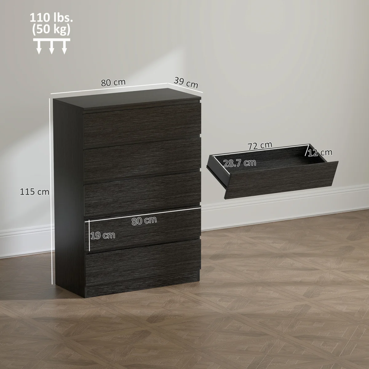 HOMCOM Chest of Drawers with 5 Drawers, Modern Dresser for Bedroom - Black – image 9