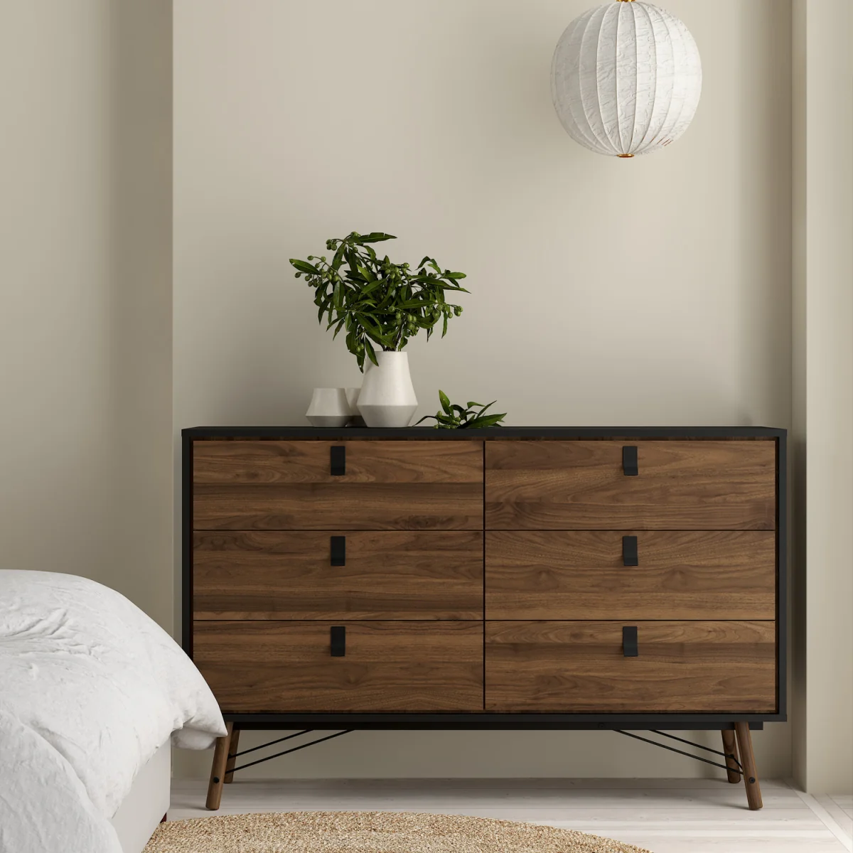 Ry Wide Double Chest of Drawers 6 Drawers in Matt Black Walnut - Black Walnut – image 2