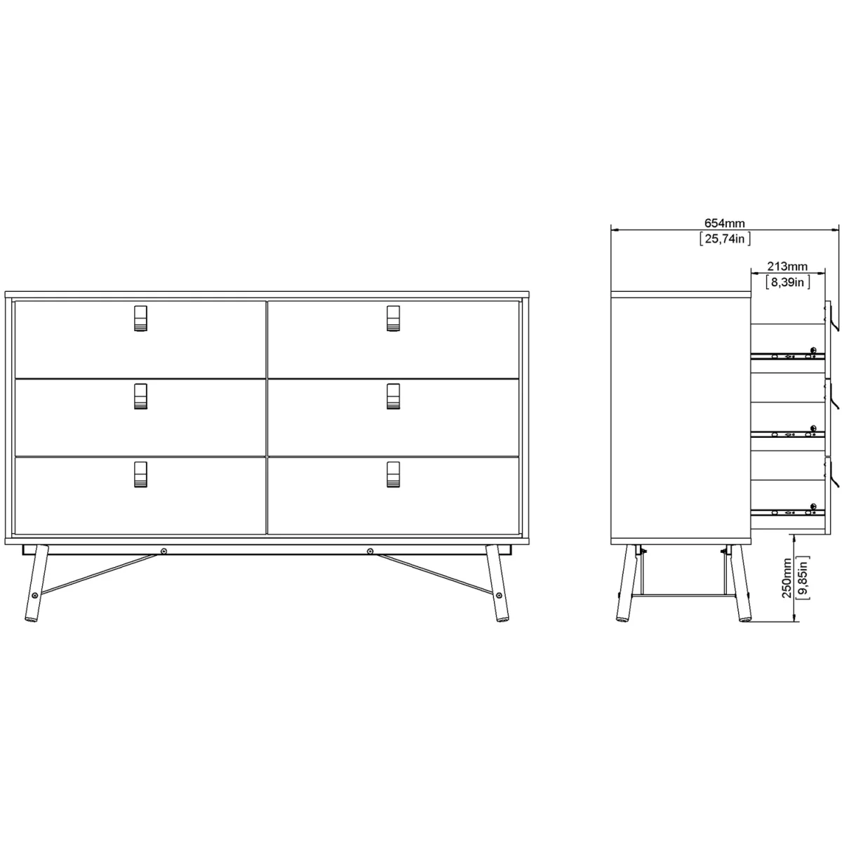 Ry Wide Double Chest of Drawers 6 Drawers in Matt Black Walnut - Black Walnut – image 11
