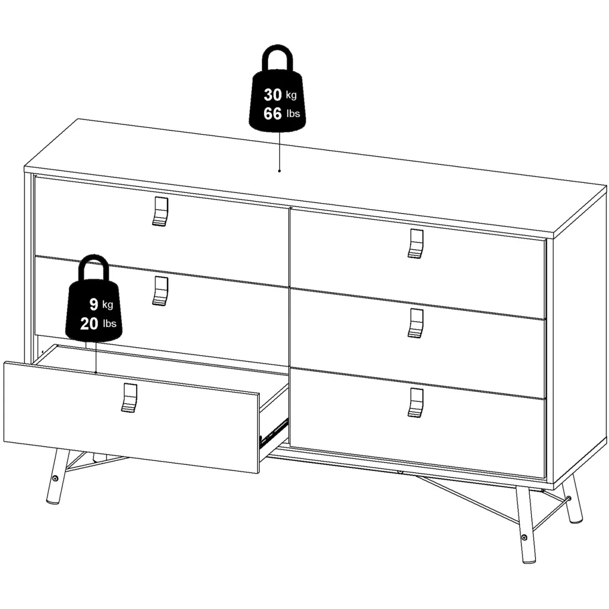 Ry Wide Double Chest of Drawers 6 Drawers in Matt Black Walnut - Black Walnut – image 12